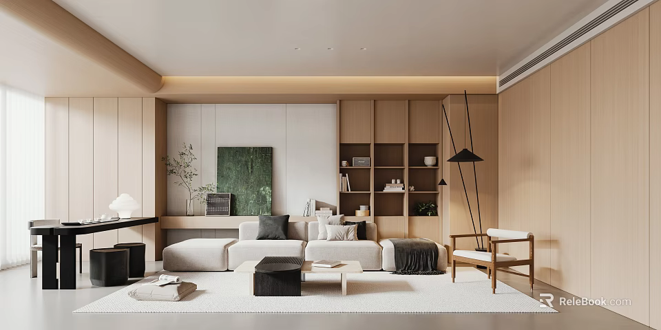 Modern Living Room Interior With Beige Sofa Black Coffee Table Wooden Bookshelf And Floor Lamp 3d model 