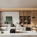 Modern Living Room Interior With Beige Sofa Black Coffee Table Wooden Bookshelf And Floor Lamp