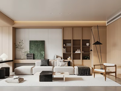 Modern Living Room Interior With Beige Sofa Black Coffee Table Wooden Bookshelf And Floor Lamp 3d model