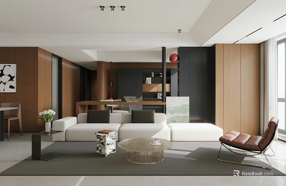 Modern Minimalist Living Room With Warm Wood Paneling Plush Sofa And Stylish Elegant Interior Design 3d model 