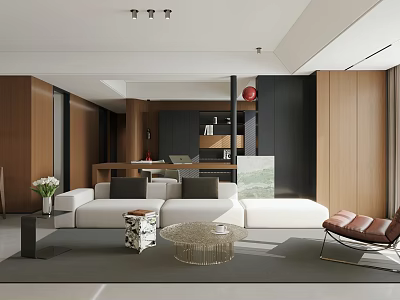 Modern Minimalist Living Room With Warm Wood Paneling Plush Sofa And Stylish Elegant Interior Design 3d model