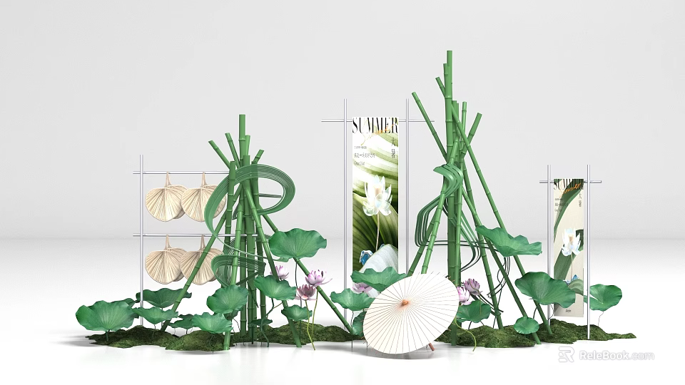 Decorative Exhibition Setup With Bamboo Structures Lotus Leaves And White Umbrella 3d model 