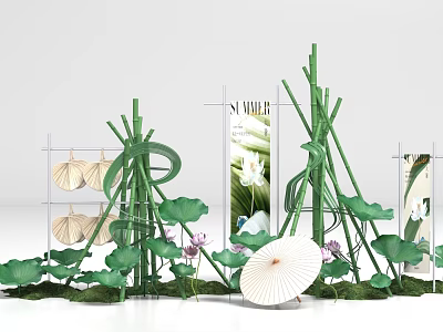 Decorative Exhibition Setup With Bamboo Structures Lotus Leaves And White Umbrella 3d model