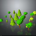Cartoon Style Green And Yellow Trees With Various Shapes And Sizes On Grey Background