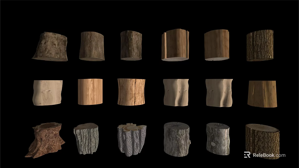 Various Wooden Tree Stump Stools With Different Natural Textures And Styles 3d model 