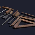 Vintage Hardware Tools Collection with Wooden Handles Chisels Pliers and Triangle Rulers
