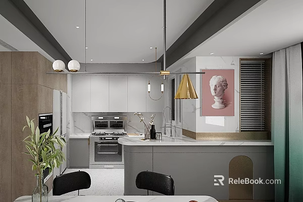 Modern Open Kitchen Interior Design With Island Counter Cabinets And Pendant Lights 3d model 