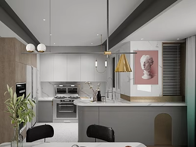 Modern Open Kitchen Interior Design With Island Counter Cabinets And Pendant Lights 3d model
