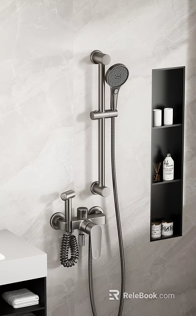 Modern Stainless Steel Shower Faucet With Handheld Sprayer And Fixed Bracket On Gray Bathroom Wall 3d model 