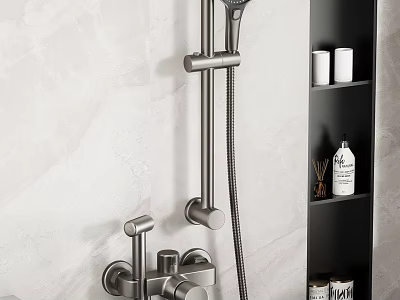 Modern Stainless Steel Shower Faucet With Handheld Sprayer And Fixed Bracket On Gray Bathroom Wall 3d model