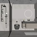 Modern Bathroom Interior With Glass Shower Round Mirror Gray Tiles And Vanity