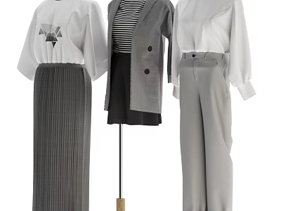 Fashion Models Wearing White Tops Grey Pleated Skirt Striped Top Black Skirt And Grey Trousers 3d model