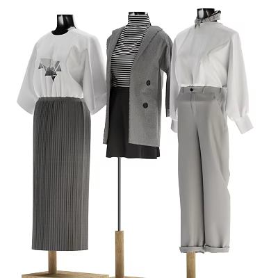 Fashion Models Wearing White Tops Grey Pleated Skirt Striped Top Black Skirt And Grey Trousers 3d model