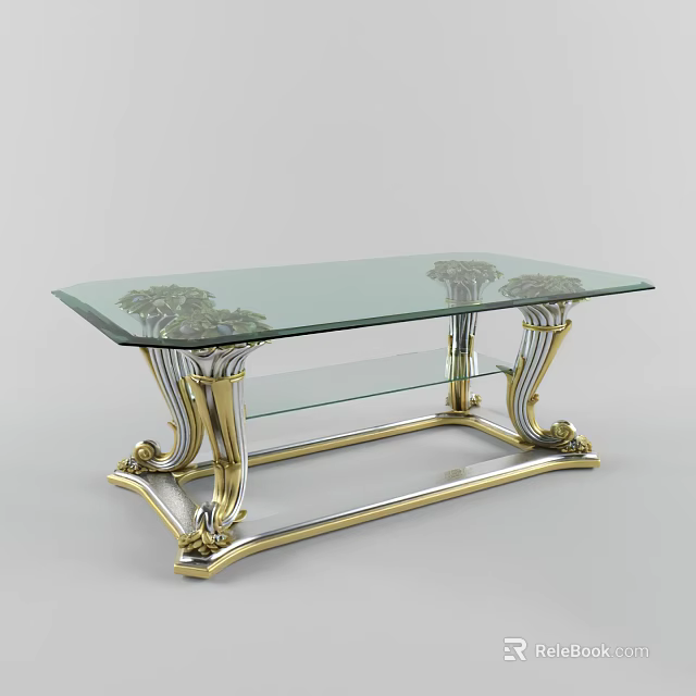 Glass Top Coffee Table With Ornate Gold Curved Legs And Modern Luxury Design 3d model 