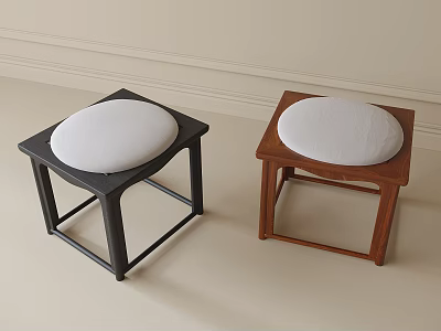 Two Modern Stools With Black And Wooden Frames And White Cushions 3d model