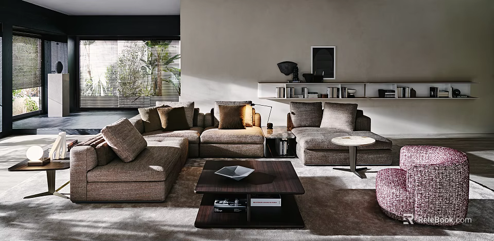 Modern Fabric Sofa Coffee Table Combination with Decorative Pillows Area Rug and Bookshelf 3d model 