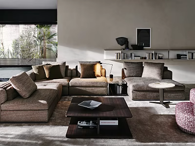 Modern Fabric Sofa Coffee Table Combination with Decorative Pillows Area Rug and Bookshelf 3d model