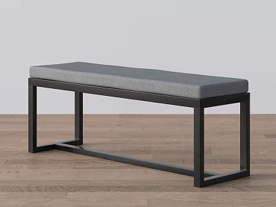 Minimalist Gray Upholstered Bench With Black Metal Frame On Wooden Floor 3d model