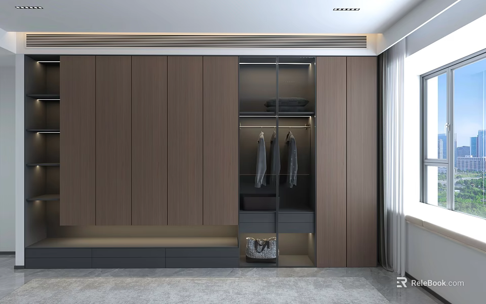 Modern Wardrobe Interior With Wooden Panels Glass Door Section And Hanging Clothes Storage 3d model 