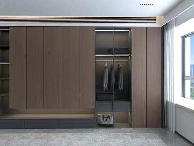 Modern Wardrobe Interior With Wooden Panels Glass Door Section And Hanging Clothes Storage 3d model