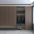 Modern Wardrobe Interior With Wooden Panels Glass Door Section And Hanging Clothes Storage