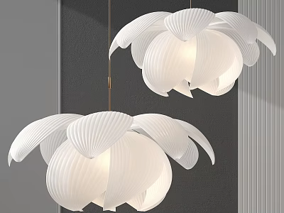 Two White Flower Shaped Chandeliers With Pleated Petals On Dark Wall With Vertical Stripes 3d model