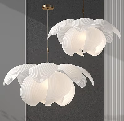 Two White Flower Shaped Chandeliers With Pleated Petals On Dark Wall With Vertical Stripes 3d model