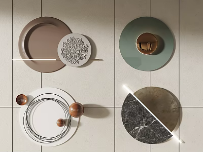 Modern Wall Decor With Circular Plates Marble Texture Wood And Metal Accents 3d model