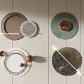 Modern Wall Decor With Circular Plates Marble Texture Wood And Metal Accents