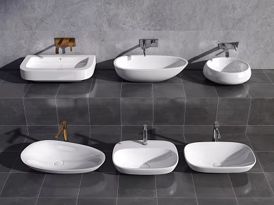 White Washbasins With Various Shapes And Faucets On Dark Countertops Grey Wall 3d model