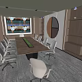 Modern Conference Room With Large Screen White Chairs Wooden Bookshelves And Circular Decor