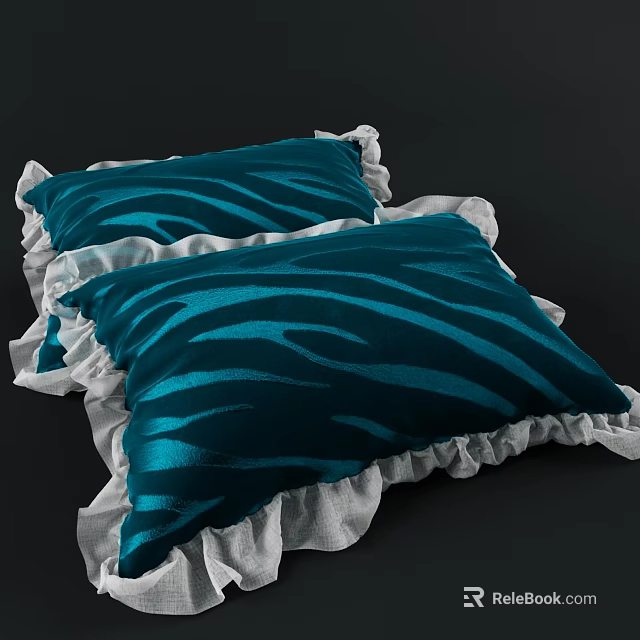 Teal Velvet Throw Pillows With Zebra Stripes and White Ruffled Edges for Home Decor 3d model 