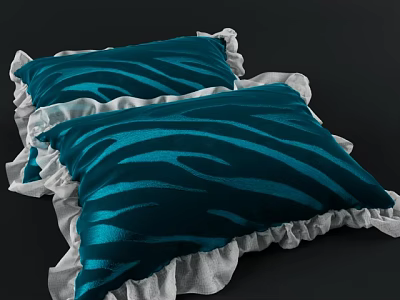 Teal Velvet Throw Pillows With Zebra Stripes and White Ruffled Edges for Home Decor 3d model