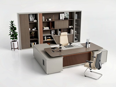 Modern Office Desk and Chair Simple Top Desk Manager Desk and Chair Boss Desk and Chair President Desk and Chair Supervisor Desk and Chair Combination File Cabinet Green Planting 3d model