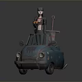 Small Old Blue Car With Female Figure Holding Orange Tool And Long Sword On Roof