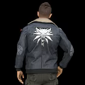 Man Wearing Blue Jacket With Fleece Collar White T-shirt Necklace White Emblems And Red Button