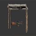 Traditional Market Stall Structure With Wooden Poles Canvas Roof And Clay Pots