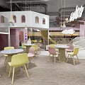 Bright Modern Restaurant Interior With Colorful Seating Cloud Shaped Decor And Hanging Lights