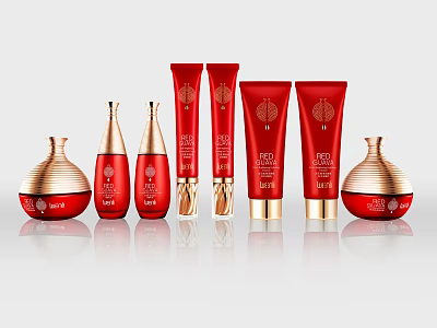Luxury Red And Gold Perfume Cosmetics Collection With Perfume Bottles Lotion Tubes And Cream Jars 3d model