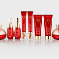 Luxury Red And Gold Perfume Cosmetics Collection With Perfume Bottles Lotion Tubes And Cream Jars
