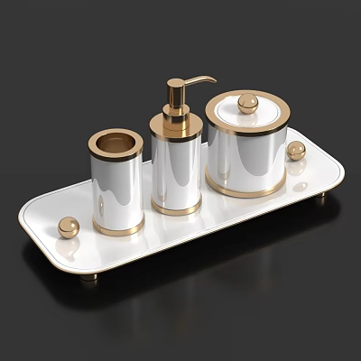 Elegant Modern Bathroom Accessories Set With Tray Soap Dispenser Lidded Container And White Gold Accents 3d model