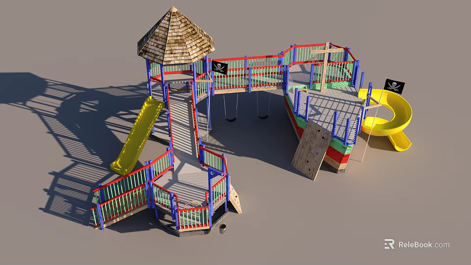 Colorful Playground Equipment With Thatched Roof Yellow Slide Blue Railings Climbing Frame And Swings 3d model 