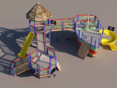 Colorful Playground Equipment With Thatched Roof Yellow Slide Blue Railings Climbing Frame And Swings 3d model