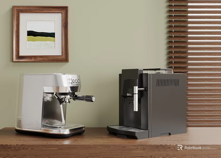 Silver And Black Espresso Coffee Machines On Wooden Countertop With Green Wall 3d model 