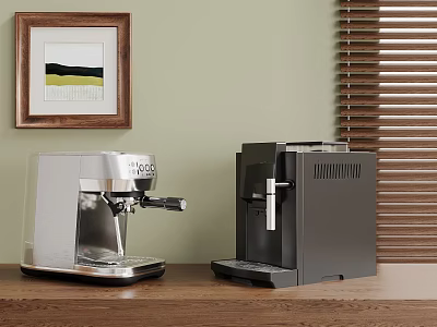 Silver And Black Espresso Coffee Machines On Wooden Countertop With Green Wall 3d model