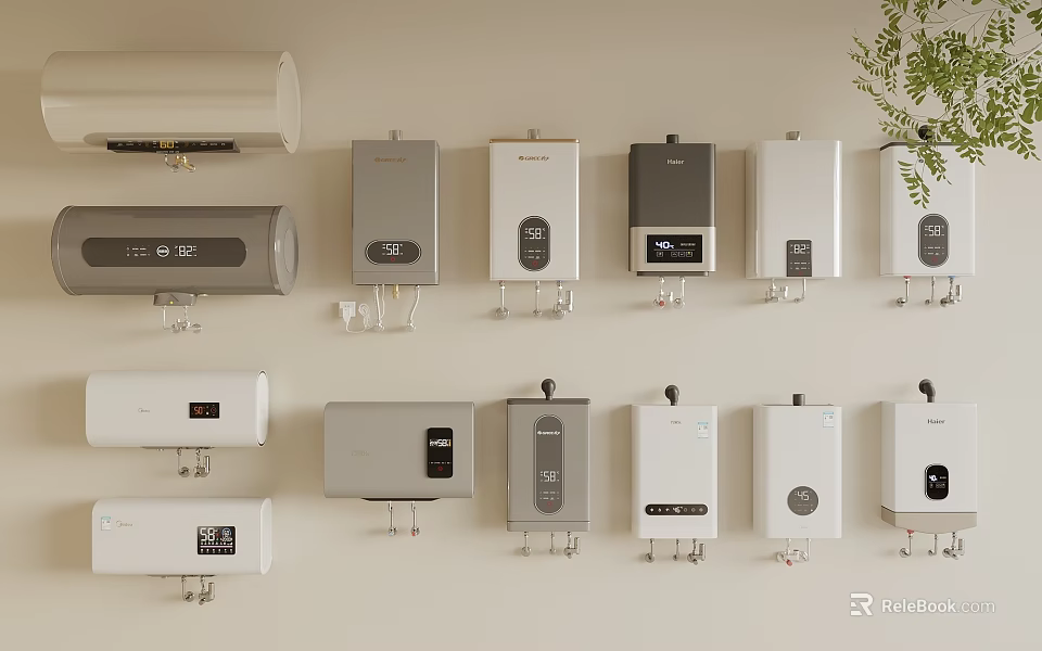 Modern Household Electrical Appliances Including Multiple Wall Mounted Water Heaters With Various Designs 3d model 