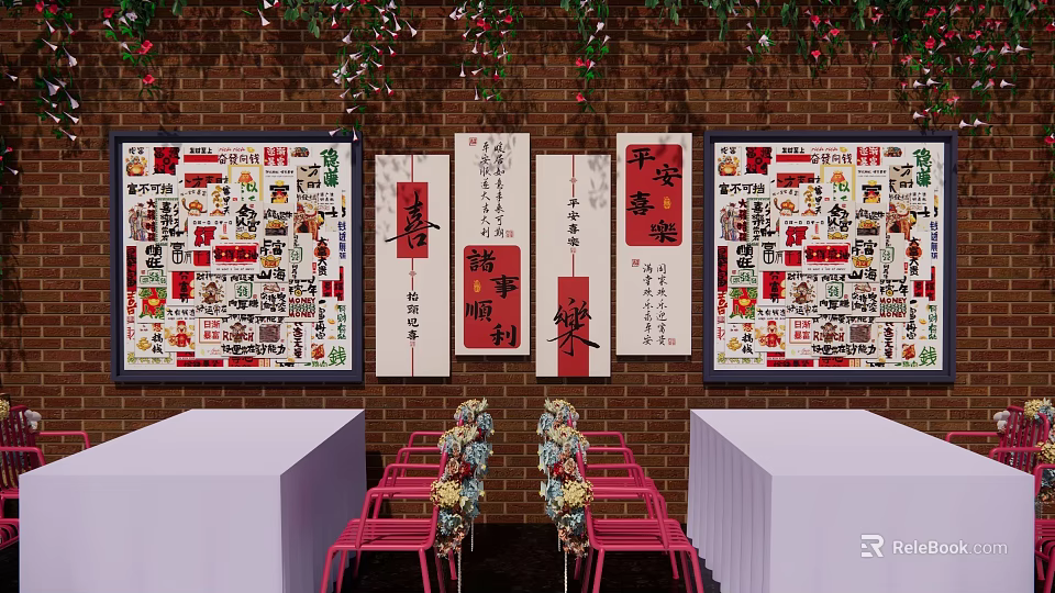 Photo Check In Spot With Chinese Style Brick Wall Red Paintings And Pink Chairs 3d model 
