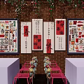 Photo Check In Spot With Chinese Style Brick Wall Red Paintings And Pink Chairs