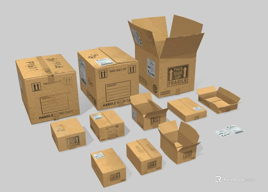 Essential Commercial Equipment Featuring Various Sizes Open And Closed Cardboard Boxes With Labels 3d model 
