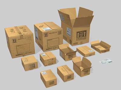 Essential Commercial Equipment Featuring Various Sizes Open And Closed Cardboard Boxes With Labels 3d model